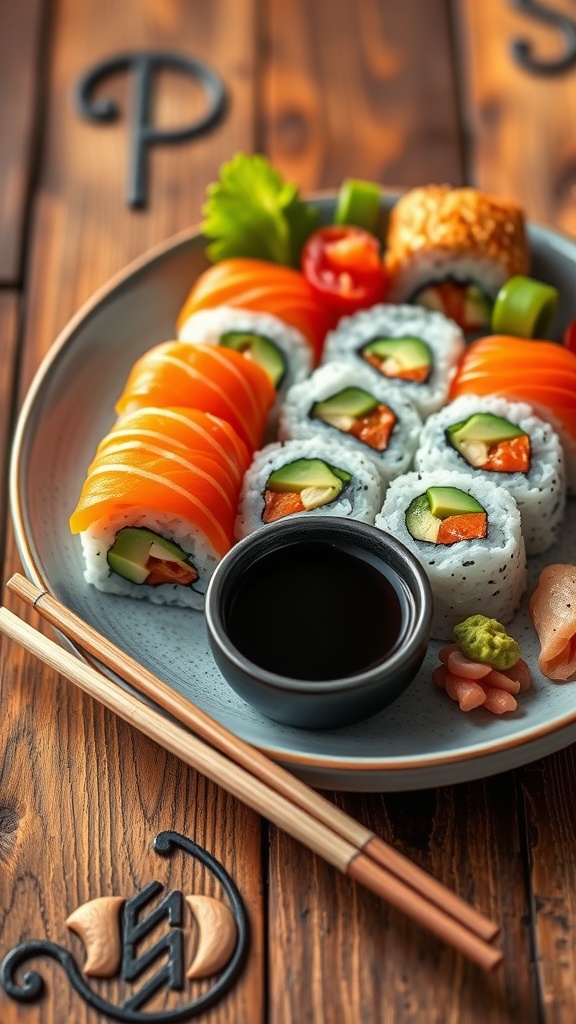 A plate of assorted sushi rolls with avocado, salmon, and cucumber, served with soy sauce, pickled ginger, and wasabi.